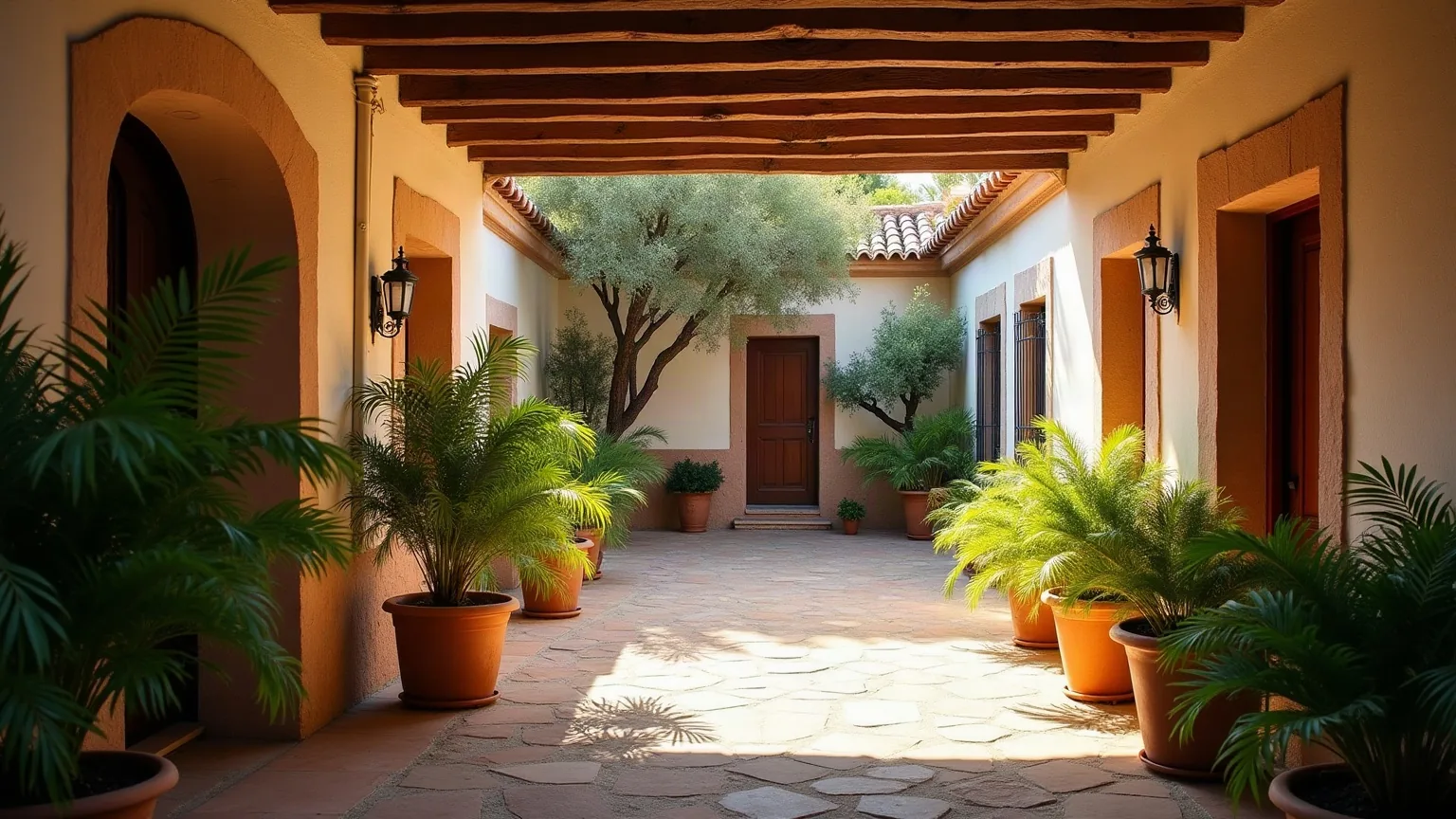 Patio interior en sombra de una casa tradicional con helechos en maceta y suelo de piedra, del tipo de jardín que mantenemos en Numancia de la Sagra
