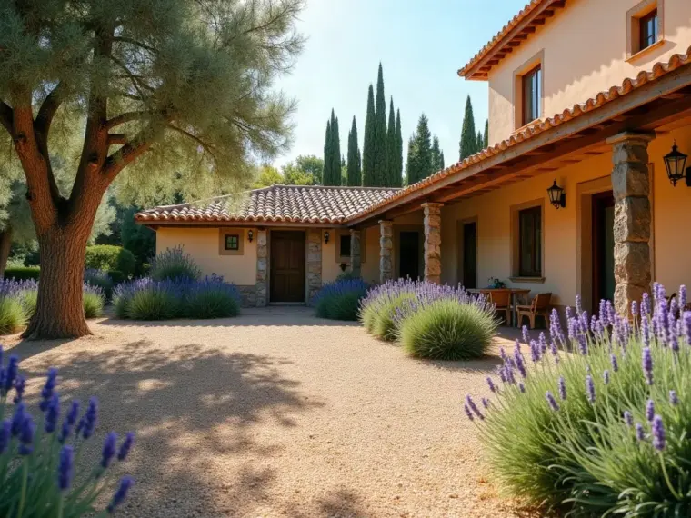 Jardín delantero de una casa familiar con caminos de grava, borduras de lavanda y un árbol joven, del tipo de jardín que mantenemos en Olías del Rey