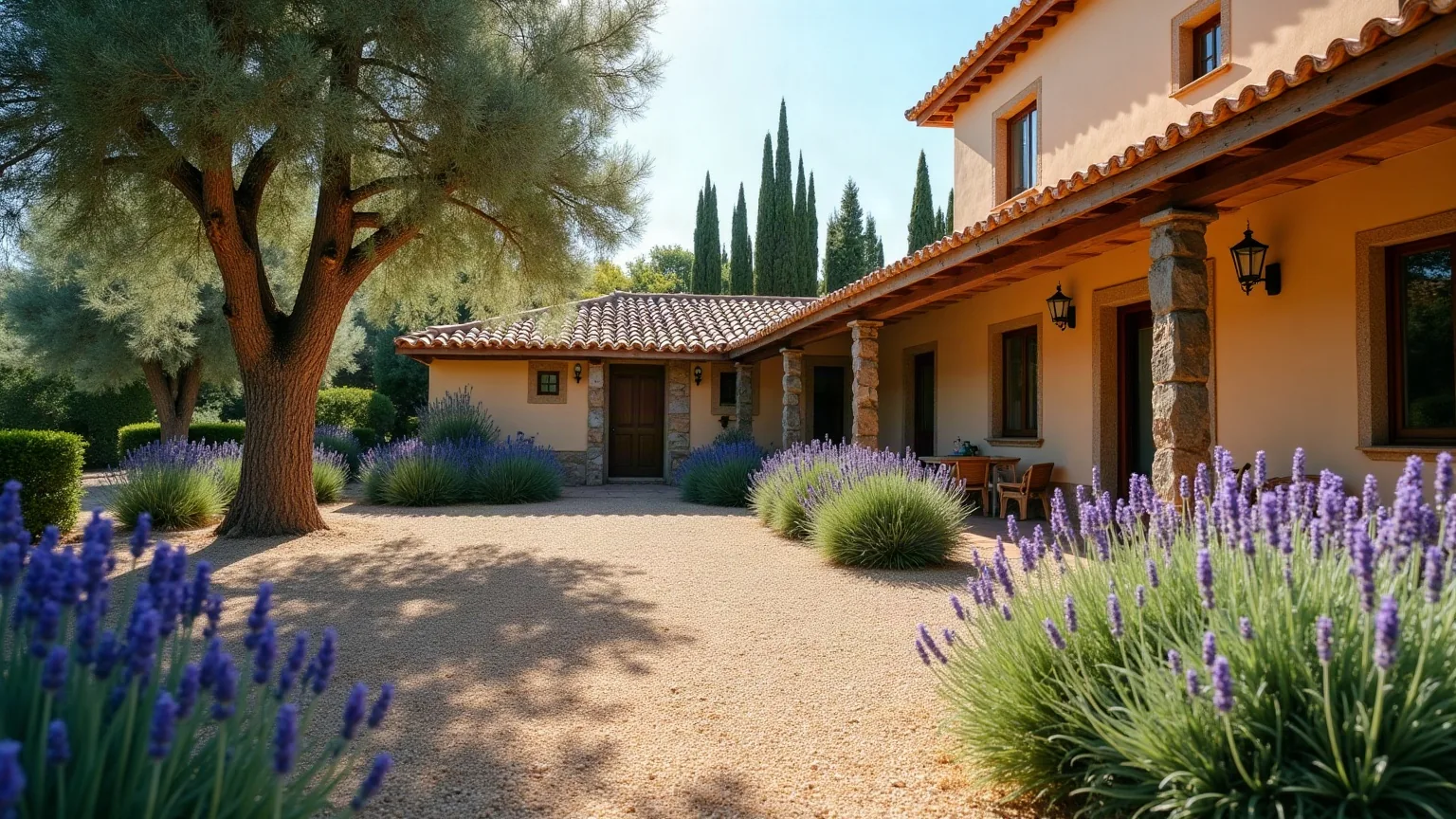 Jardín delantero de una casa familiar con caminos de grava, borduras de lavanda y un árbol joven, del tipo de jardín que mantenemos en Olías del Rey
