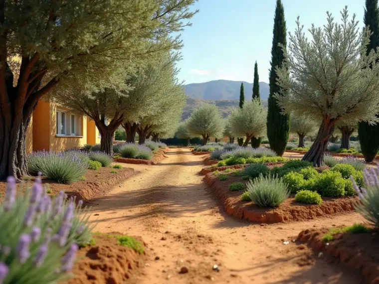 Rincón de huerta de una parcela de pueblo con frutales y bancal de hortalizas, del tipo de jardín que mantenemos en Palomarejos