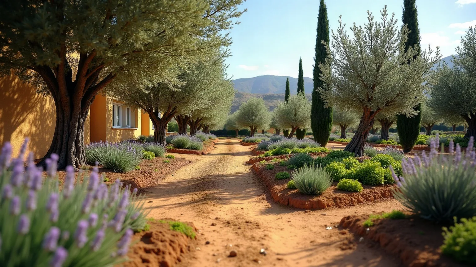 Rincón de huerta de una parcela de pueblo con frutales y bancal de hortalizas, del tipo de jardín que mantenemos en Palomarejos