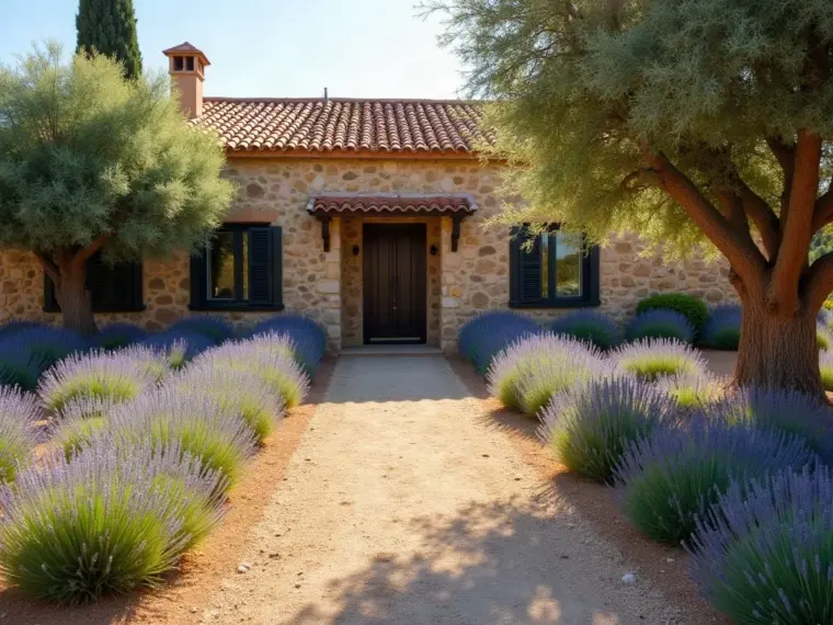 Jardín delantero de una casa familiar con caminos de grava, borduras de lavanda y un árbol joven, del tipo de jardín que mantenemos en Polán