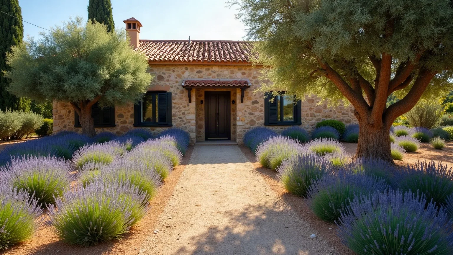 Jardín delantero de una casa familiar con caminos de grava, borduras de lavanda y un árbol joven, del tipo de jardín que mantenemos en Polán