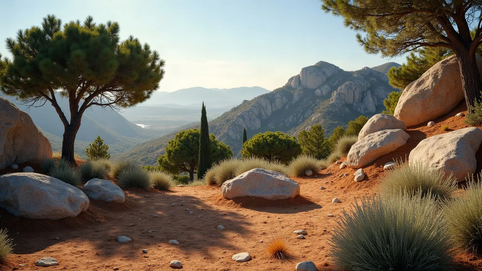 Parcela residencial en el borde de la sierra con bolos de granito, pinos y sotobosque clareado, del tipo de jardín que mantenemos en Pozuelo de Alarcón