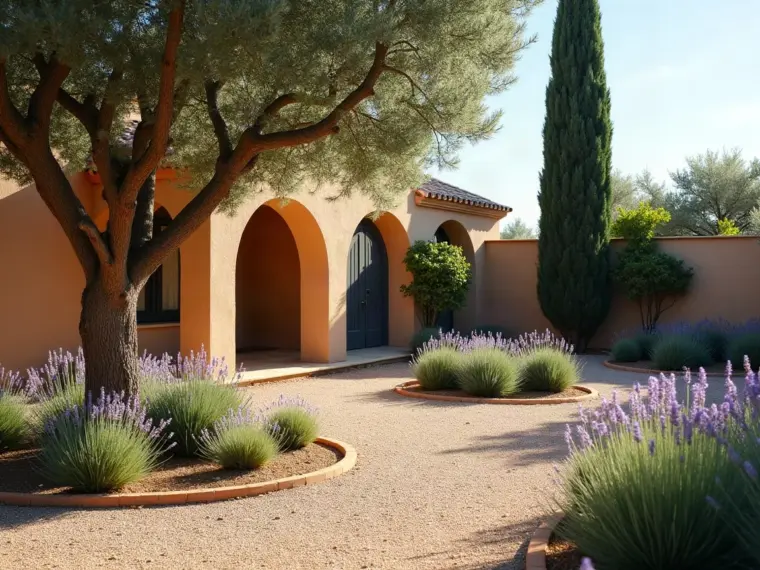 Jardín delantero de una casa familiar con caminos de grava, borduras de lavanda y un árbol joven, del tipo de jardín que mantenemos en Recas