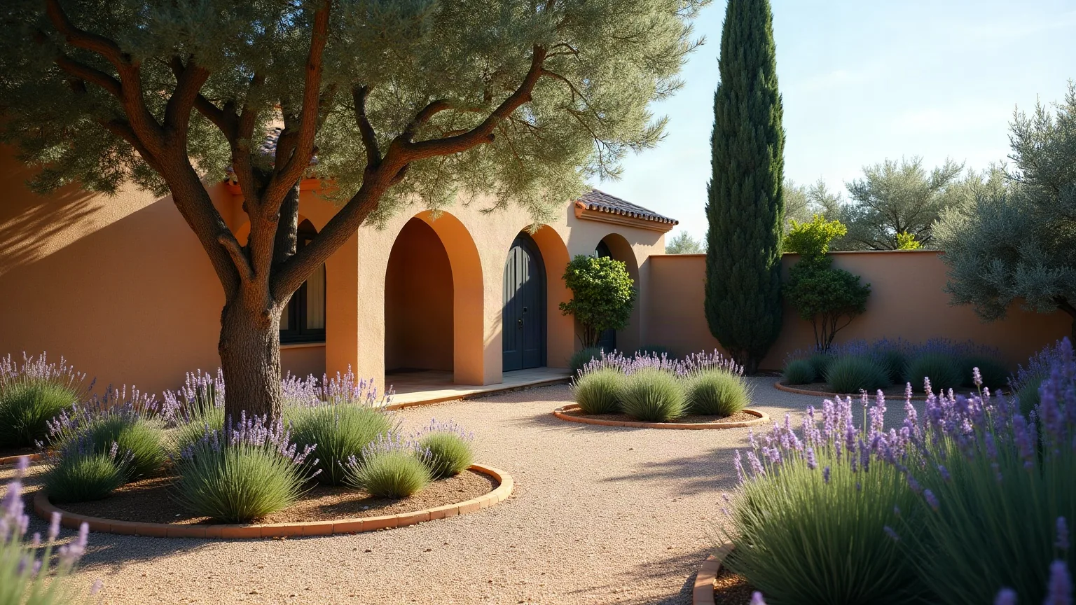 Jardín delantero de una casa familiar con caminos de grava, borduras de lavanda y un árbol joven, del tipo de jardín que mantenemos en Recas