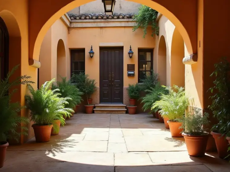 Patio interior en sombra de una casa tradicional con helechos en maceta y suelo de piedra, del tipo de jardín que mantenemos en Santa Bárbara