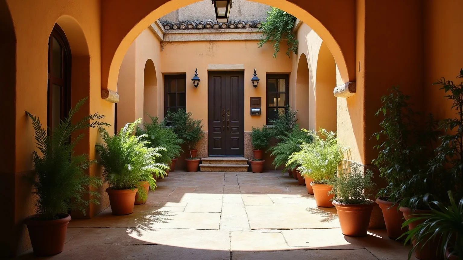 Patio interior en sombra de una casa tradicional con helechos en maceta y suelo de piedra, del tipo de jardín que mantenemos en Santa Bárbara
