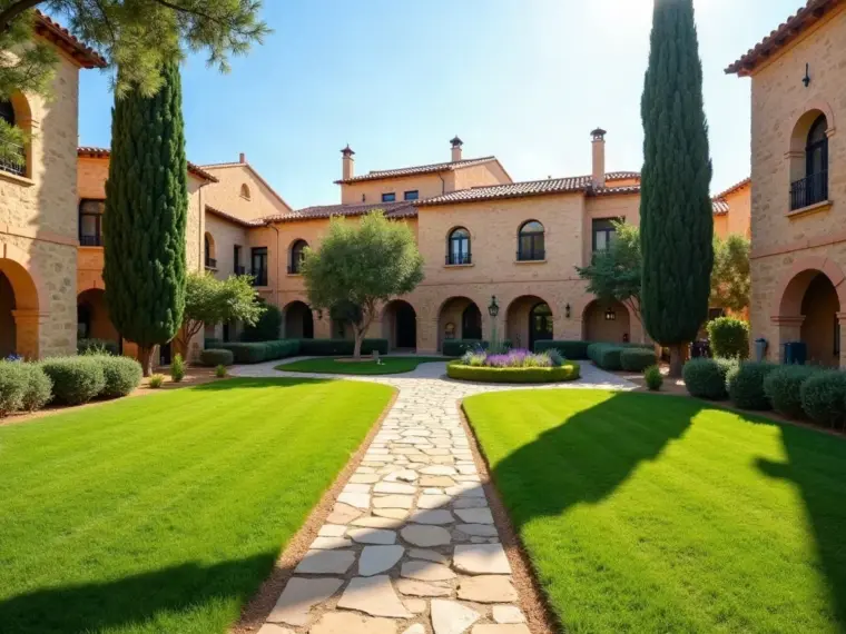 Zona verde común entre bloques de viviendas con césped segado y setos recortados, del tipo de jardín que mantenemos en Santa María de Benquerencia