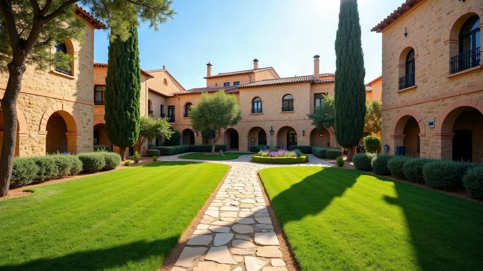 Zona verde común entre bloques de viviendas con césped segado y setos recortados, del tipo de jardín que mantenemos en Santa María de Benquerencia
