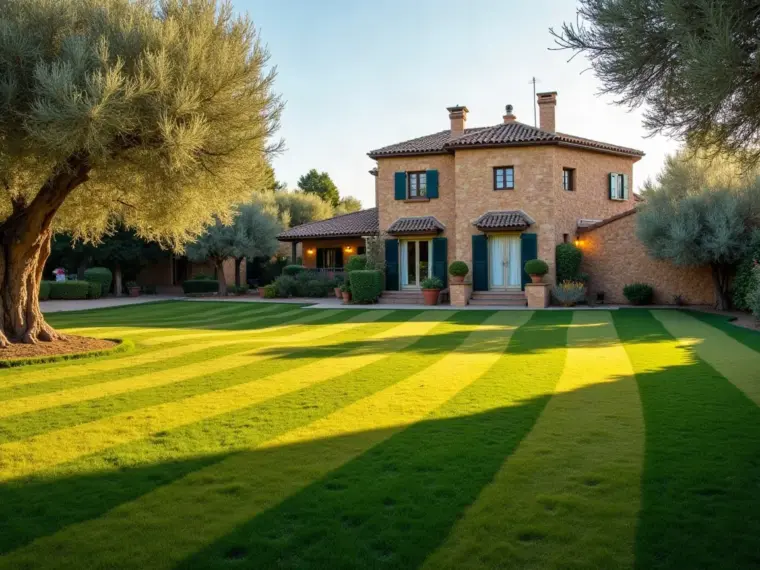 Jardín privado de vivienda unifamiliar con césped segado en franjas, seto recortado y olivo maduro, del tipo de jardín que mantenemos en Villaluenga de la Sagra