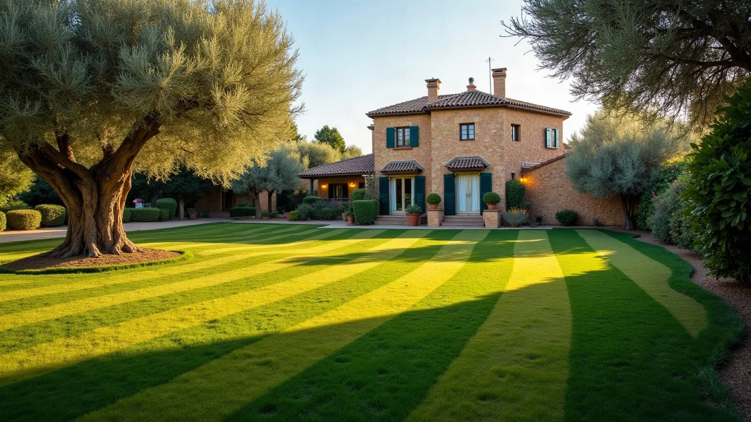 Jardín privado de vivienda unifamiliar con césped segado en franjas, seto recortado y olivo maduro, del tipo de jardín que mantenemos en Villaluenga de la Sagra