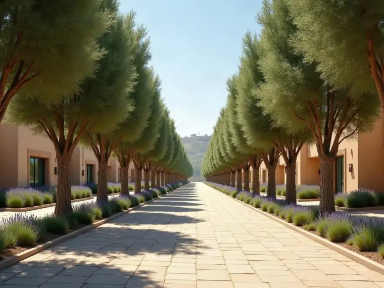 Avenida interior de una urbanización con arbolado de alineación y aparcamiento bajo los árboles, del tipo de jardín que mantenemos en Villanueva de la Cañada