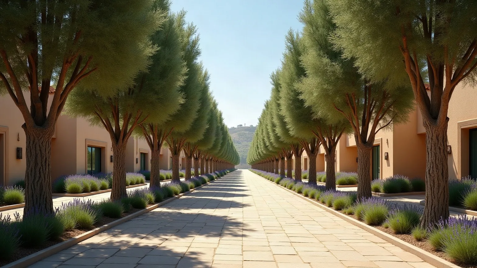 Avenida interior de una urbanización con arbolado de alineación y aparcamiento bajo los árboles, del tipo de jardín que mantenemos en Villanueva de la Cañada