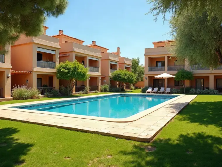 Jardín comunitario de un complejo residencial con zona de piscina, césped y árboles de sombra, del tipo de jardín que mantenemos en Villanueva del Pardillo