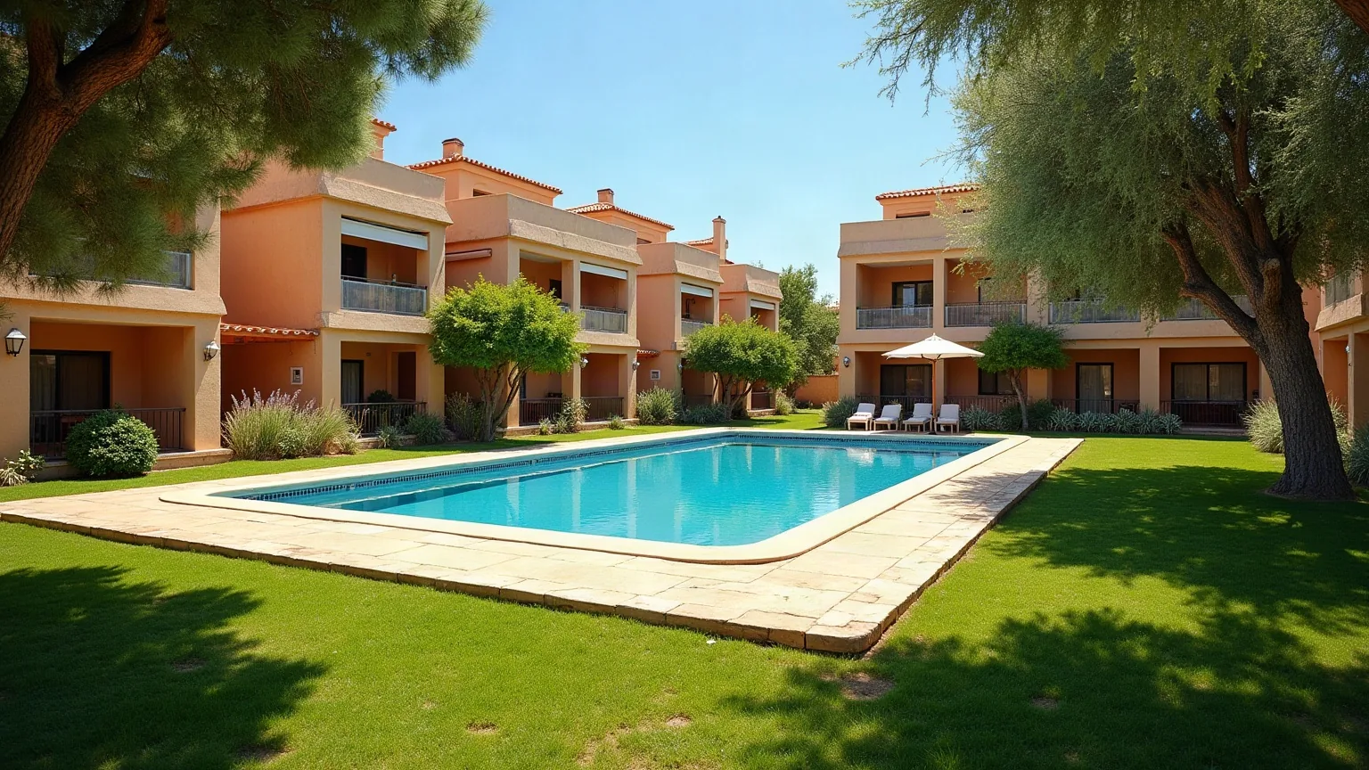 Jardín comunitario de un complejo residencial con zona de piscina, césped y árboles de sombra, del tipo de jardín que mantenemos en Villanueva del Pardillo