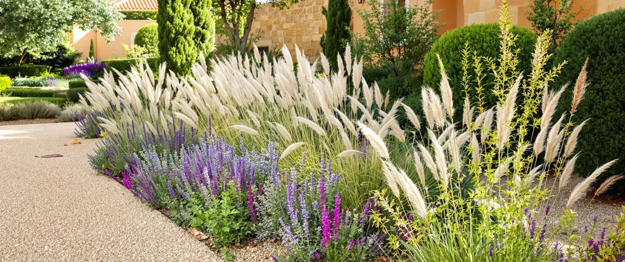 Bordura de xerojardinería con plantas resistentes a la sequía en jardín toledano
