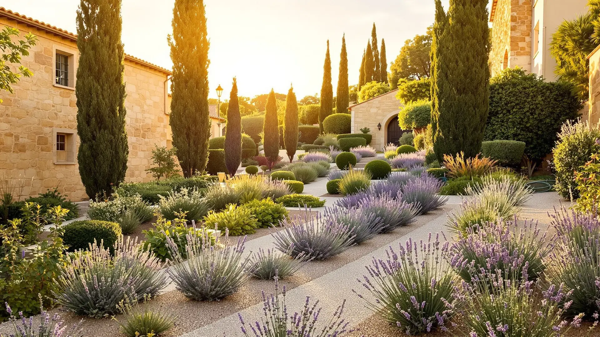 Jardín de bajo consumo de agua con lavanda y romero en suelo calizo de Toledo