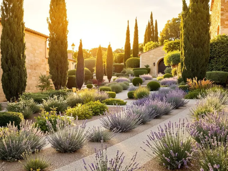 Jardín de bajo consumo de agua con lavanda y romero en suelo calizo de Toledo