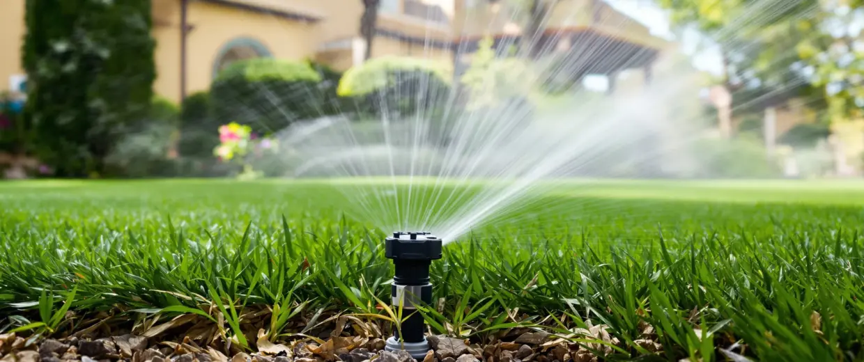 Sistema de riego automático regando el césped en un jardín de Toledo durante el verano