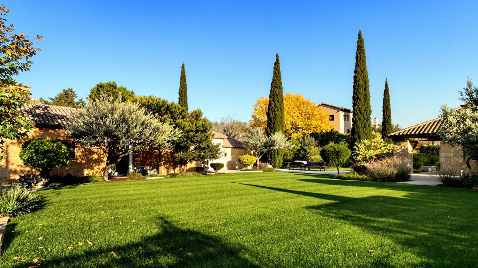 Jardín con césped resistente al calor en Toledo, Castilla-La Mancha, en otoño