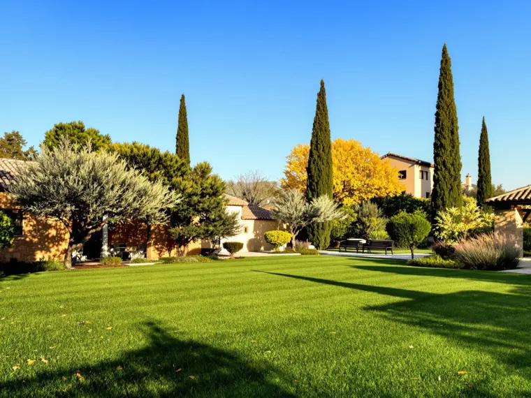 Jardín con césped resistente al calor en Toledo, Castilla-La Mancha, en otoño