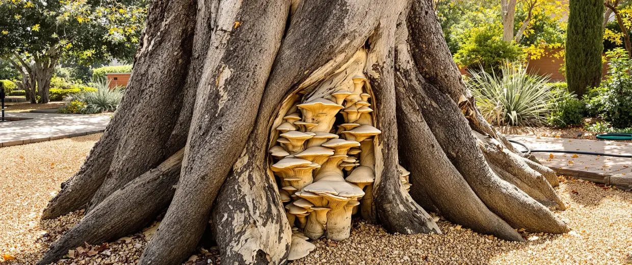 Tronco de árbol con deterioro avanzado y hongos en la base, caso habitual que motiva una solicitud de permiso de tala