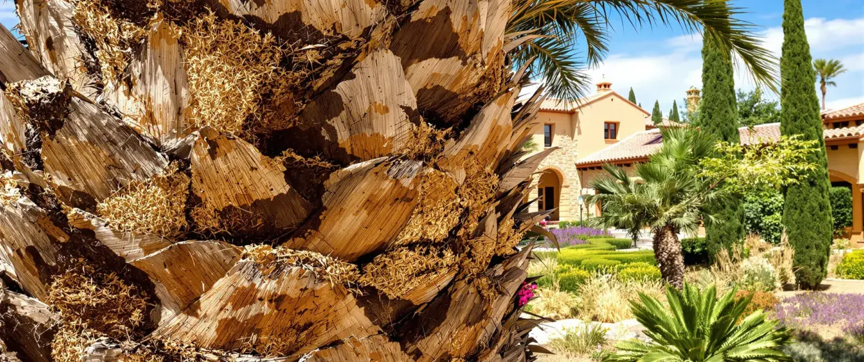 Detalle del tronco de palmera con serrín y manchas oscuras en la axila de las hojas, señales de infestación por picudo rojo