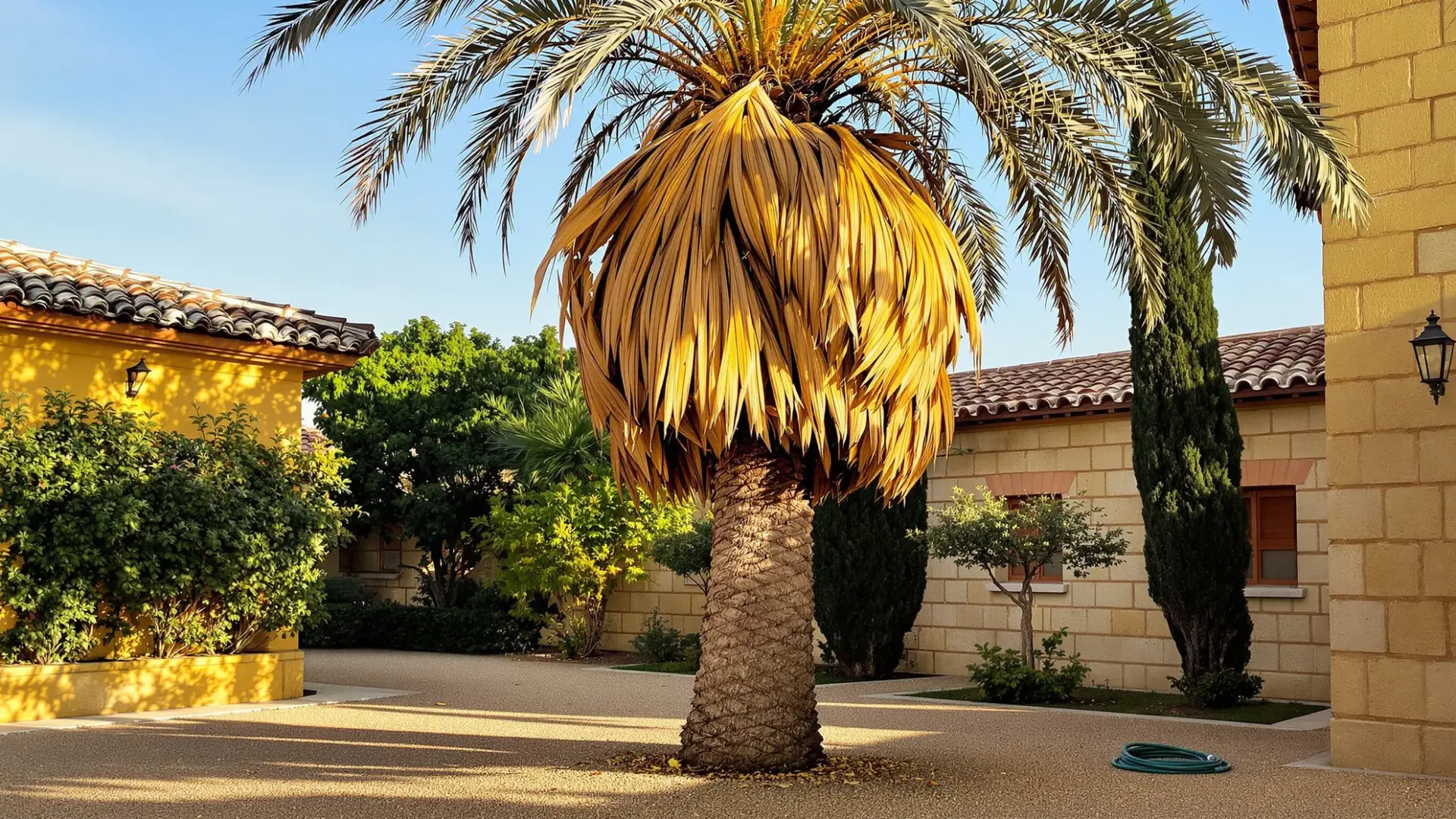 Palmera canaria con síntomas de picudo rojo en jardín toledano, corona caída en paraguas invertido