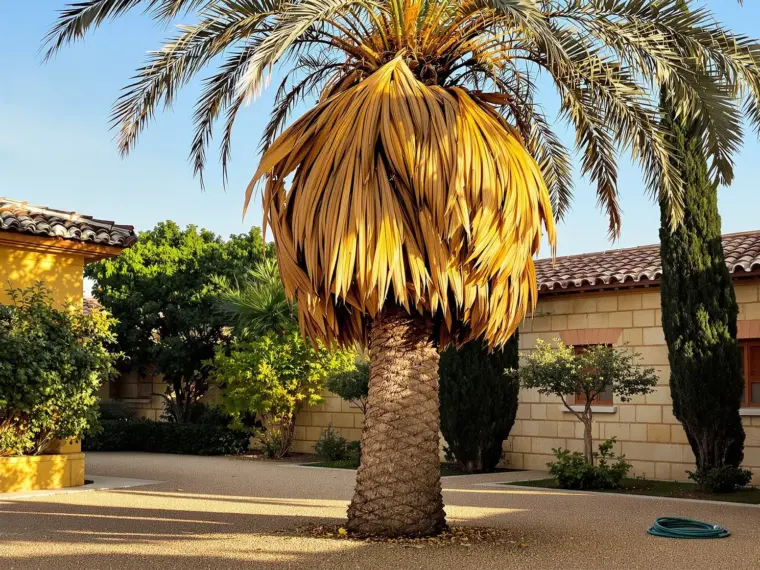 Palmera canaria con síntomas de picudo rojo en jardín toledano, corona caída en paraguas invertido