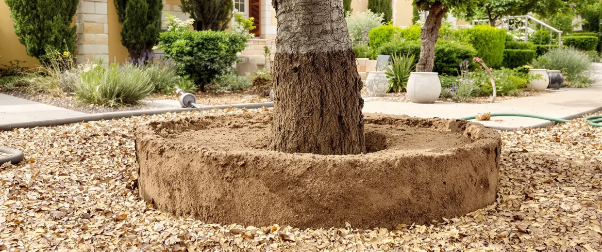 Detalle del hoyo de plantación de un árbol en suelo calizo con cepellón y hojas secas de otoño alrededor