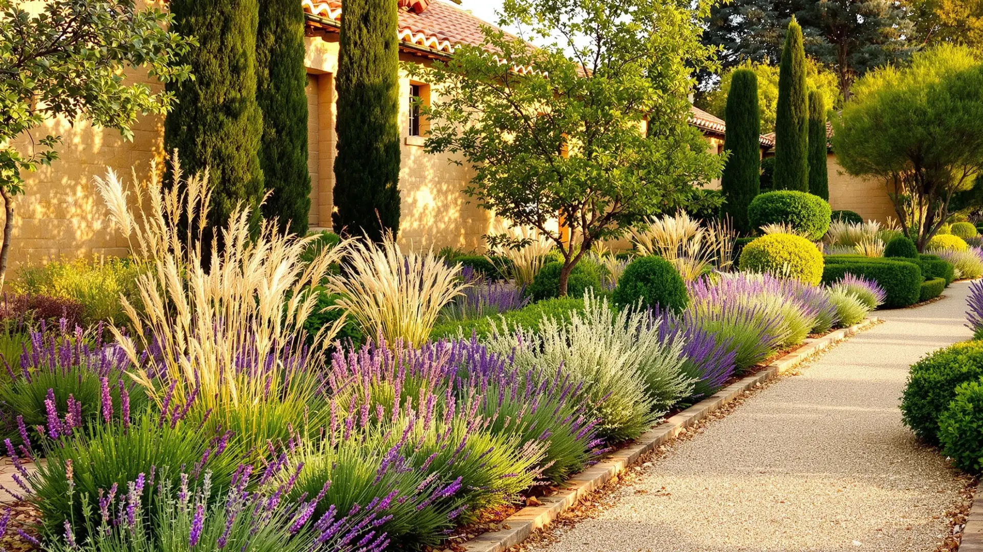 Jardín toledano con plantas de bajo consumo hídrico y suelo calizo bajo luz otoñal, ejemplo de riego eficiente en Toledo