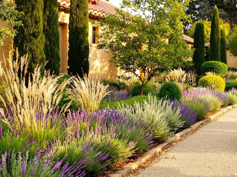 Jardín toledano con plantas de bajo consumo hídrico y suelo calizo bajo luz otoñal, ejemplo de riego eficiente en Toledo