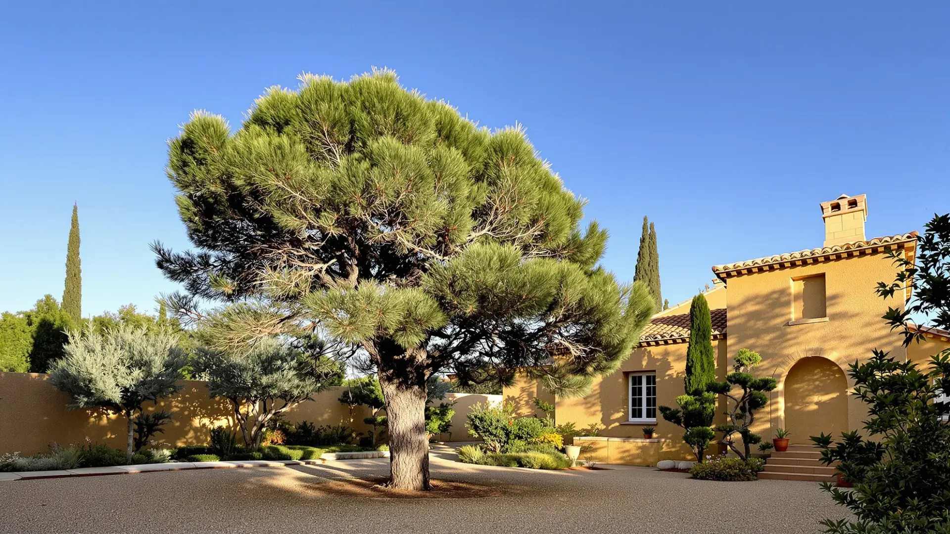 Pino piñonero en jardín particular de Toledo, árbol susceptible a la procesionaria del pino tratamiento otoño