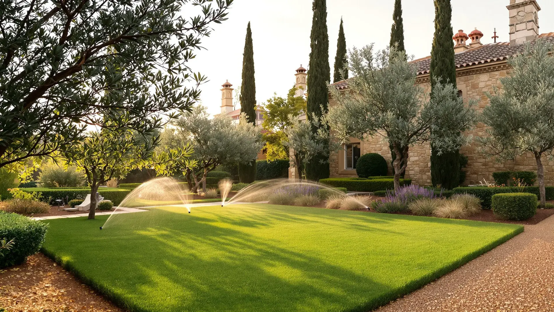 Jardín con riego automático programado al amanecer en Toledo, con césped y arbustos mediterráneos