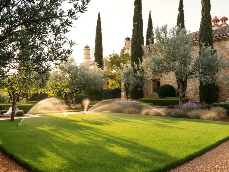 Jardín con riego automático programado al amanecer en Toledo, con césped y arbustos mediterráneos