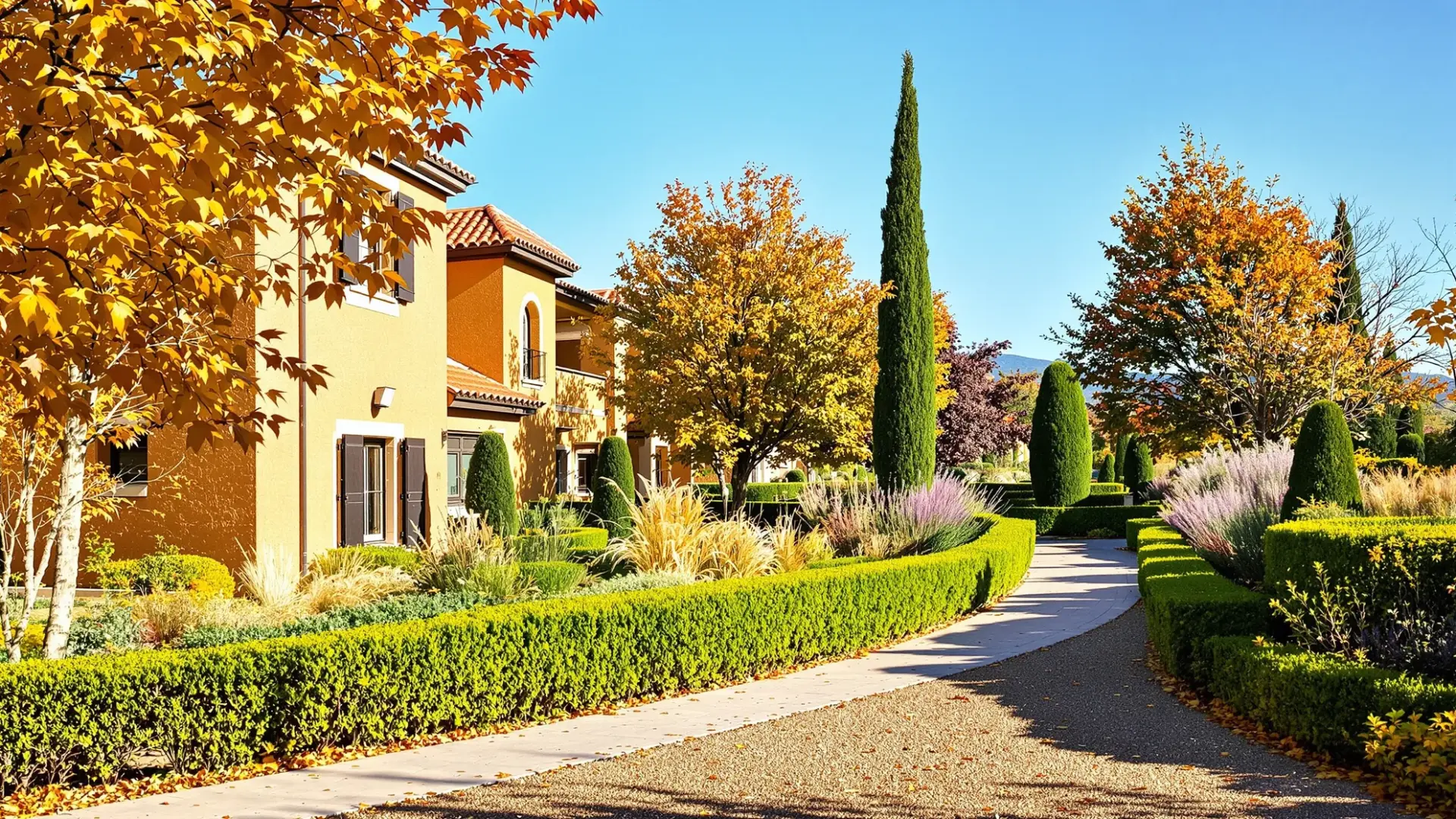 Jardín de comunidad de vecinos con setos recortados y caminos pavimentados en Toledo en otoño