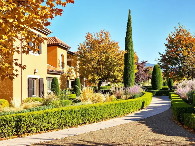Jardín de comunidad de vecinos con setos recortados y caminos pavimentados en Toledo en otoño