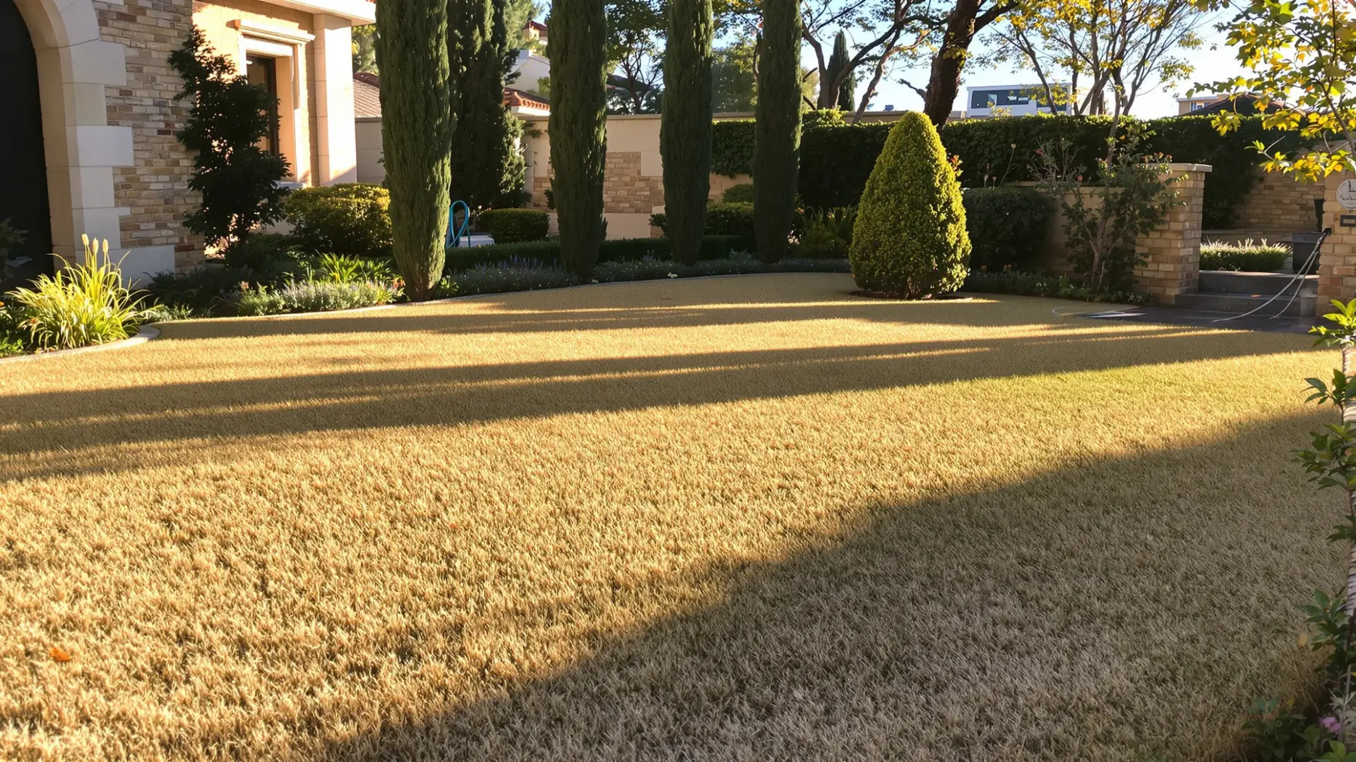 Jardín en Toledo con césped en recuperación otoñal, parches verdes junto a zonas secas antes de resembrar